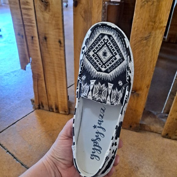 Ladies Gypsy Jazz Black & White Cow Print with Aztec Design on Top - Picture 3 of 5